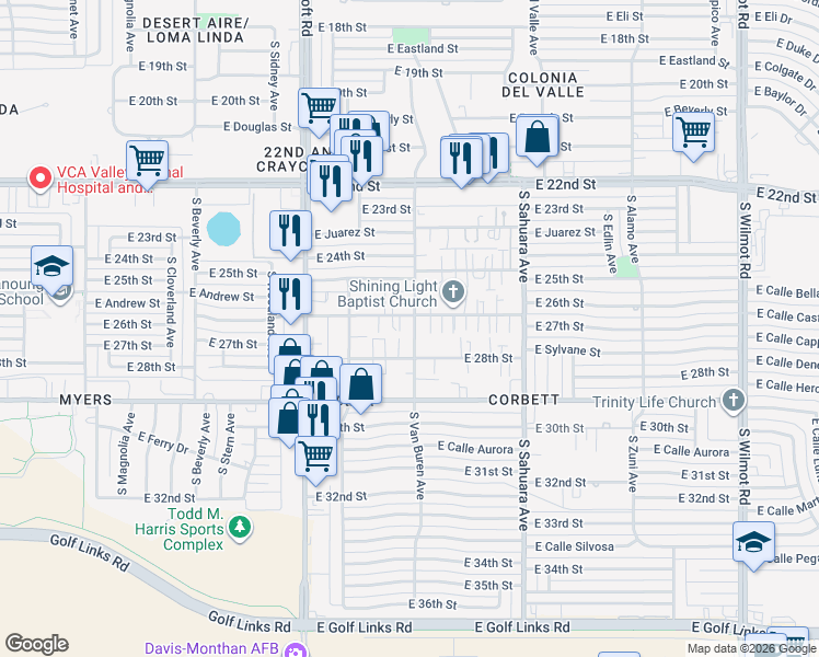 map of restaurants, bars, coffee shops, grocery stores, and more near 1616 South Van Buren Avenue in Tucson