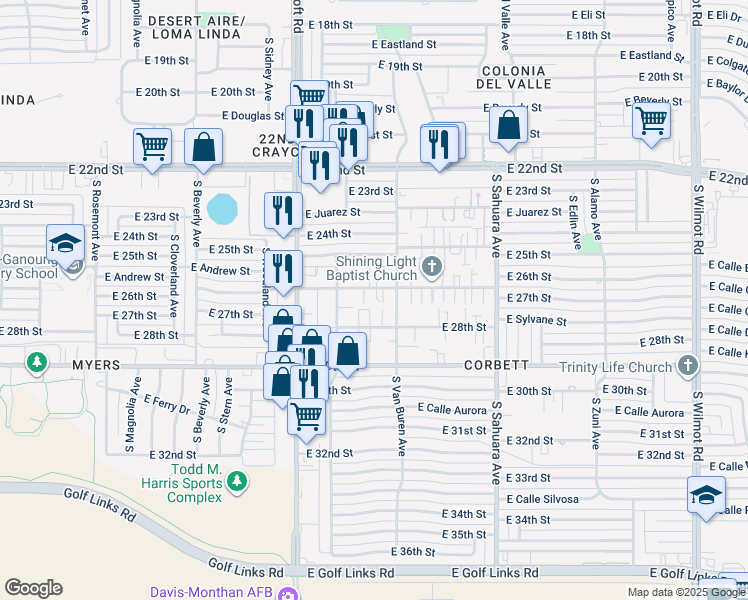 map of restaurants, bars, coffee shops, grocery stores, and more near 5626 East 26th Street in Tucson