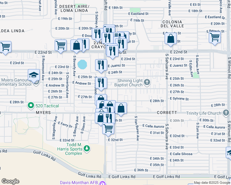 map of restaurants, bars, coffee shops, grocery stores, and more near 5550 East 26th Street in Tucson