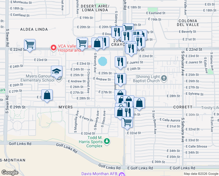 map of restaurants, bars, coffee shops, grocery stores, and more near 5410 East 26th Street in Tucson