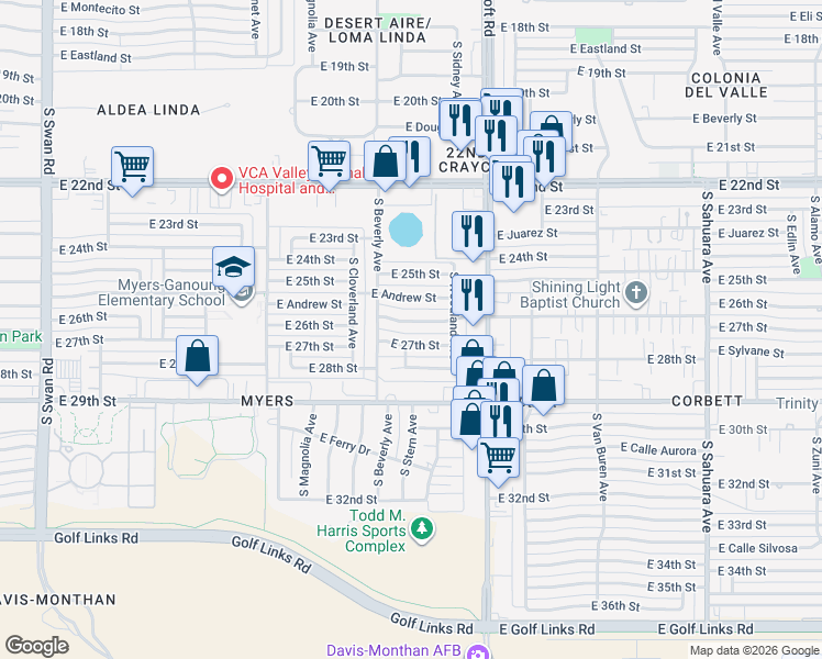 map of restaurants, bars, coffee shops, grocery stores, and more near 5334 East 26th Street in Tucson