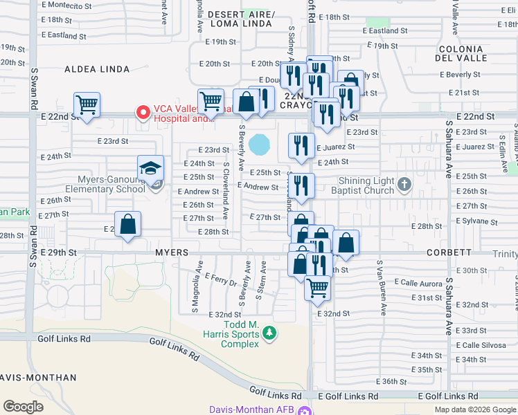 map of restaurants, bars, coffee shops, grocery stores, and more near 5334 East 26th Street in Tucson