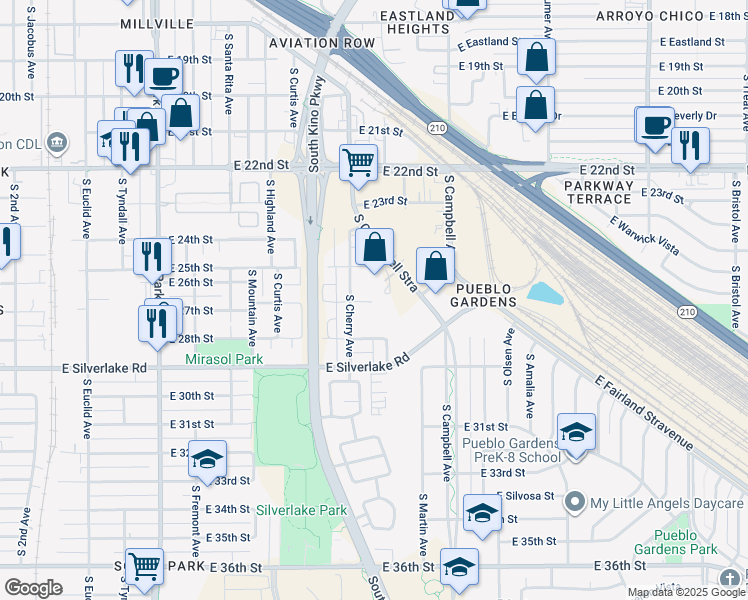 map of restaurants, bars, coffee shops, grocery stores, and more near in Tucson