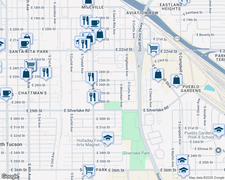 map of restaurants, bars, coffee shops, grocery stores, and more near 1620 South Santa Rita Avenue in Tucson
