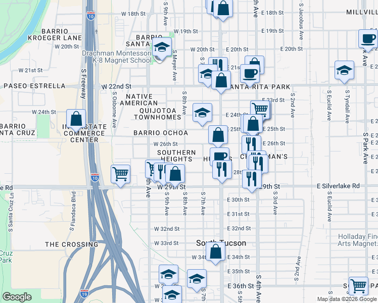 map of restaurants, bars, coffee shops, grocery stores, and more near 1629 South 8th Avenue in Tucson