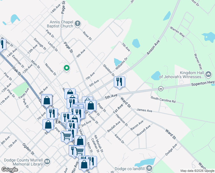 map of restaurants, bars, coffee shops, grocery stores, and more near 5827 4th Avenue in Eastman