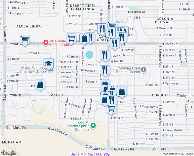map of restaurants, bars, coffee shops, grocery stores, and more near 5410 E 26th St in Tucson