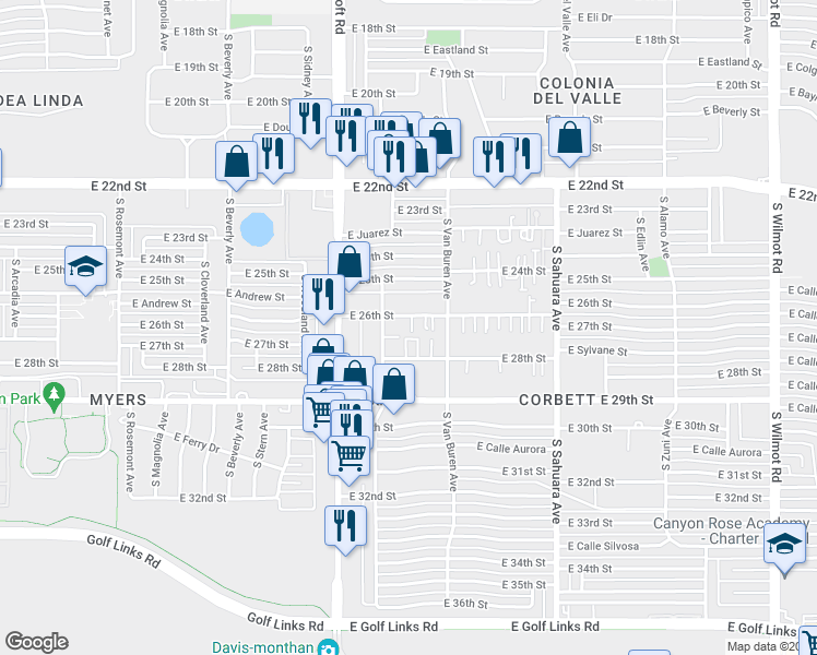 map of restaurants, bars, coffee shops, grocery stores, and more near 5626 East 26th Street in Tucson