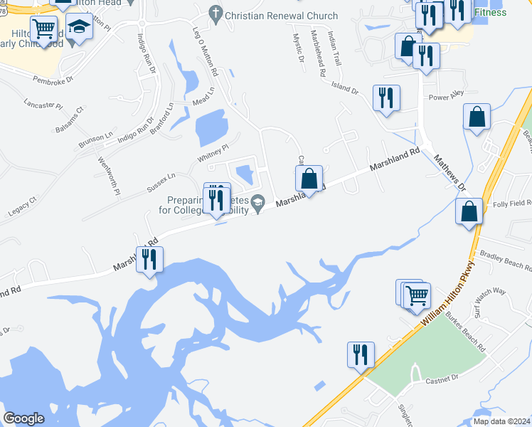 map of restaurants, bars, coffee shops, grocery stores, and more near 49 Marshland Road in Hilton Head Island
