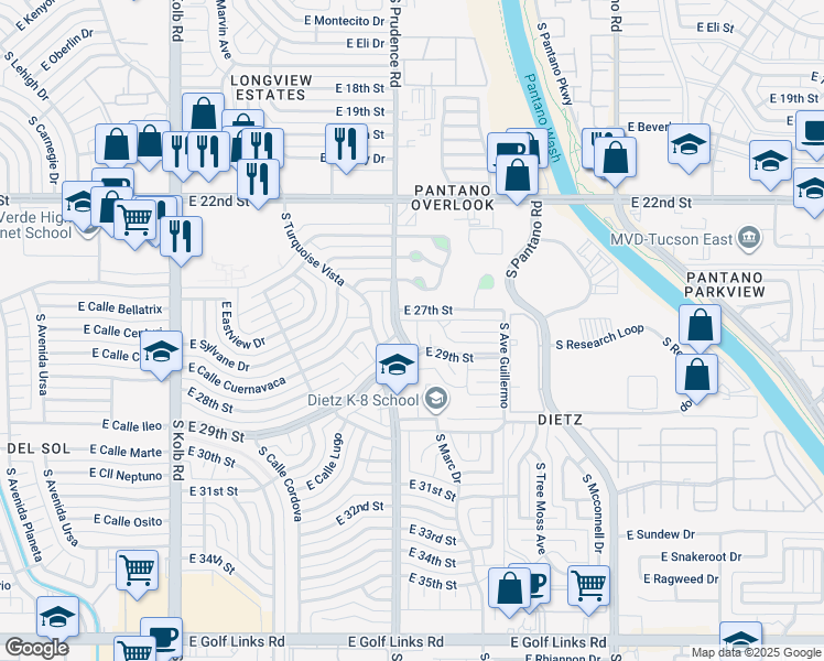 map of restaurants, bars, coffee shops, grocery stores, and more near 1601 South Prudence Road in Tucson