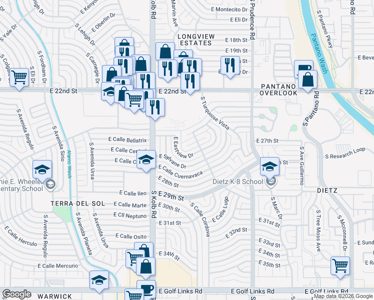 map of restaurants, bars, coffee shops, grocery stores, and more near 7234 East Manana Grande Place in Tucson