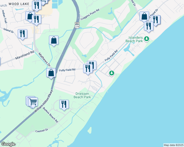 map of restaurants, bars, coffee shops, grocery stores, and more near 40 Folly Field Road in Hilton Head Island