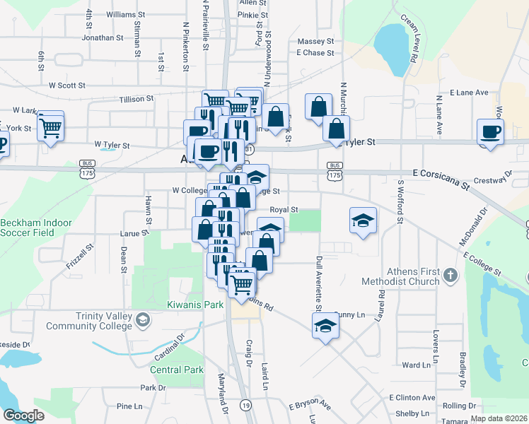 map of restaurants, bars, coffee shops, grocery stores, and more near 310 Royal Street in Athens