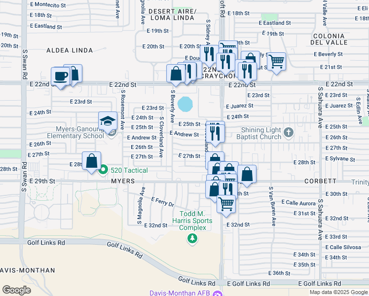 map of restaurants, bars, coffee shops, grocery stores, and more near 5334 East 26th Street in Tucson