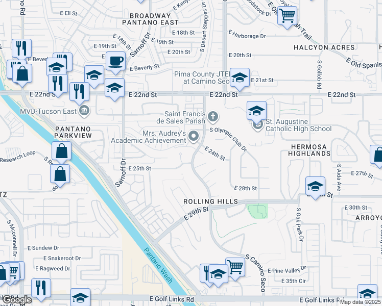 map of restaurants, bars, coffee shops, grocery stores, and more near 1610 South Camino Seco in Tucson