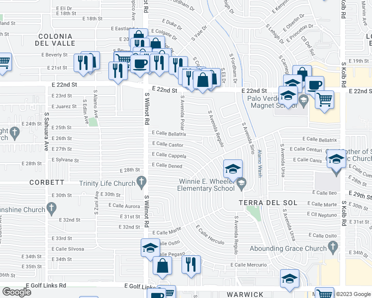 map of restaurants, bars, coffee shops, grocery stores, and more near 6410 East Calle Castor in Tucson