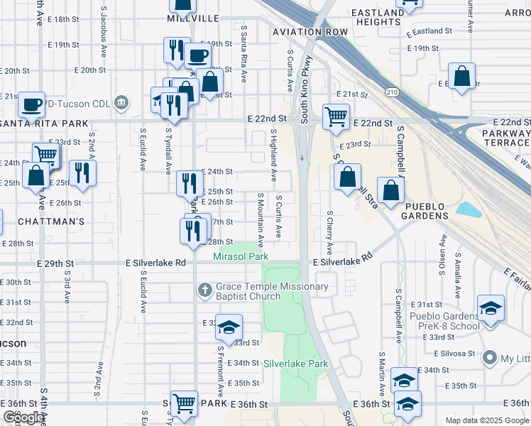 map of restaurants, bars, coffee shops, grocery stores, and more near 1325 East 27th Street in Tucson