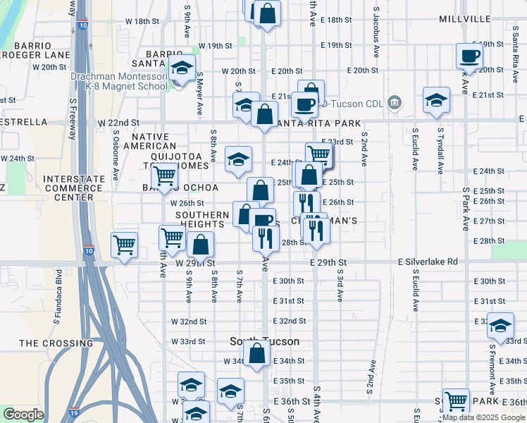 map of restaurants, bars, coffee shops, grocery stores, and more near 1616 South 6th Avenue in Tucson
