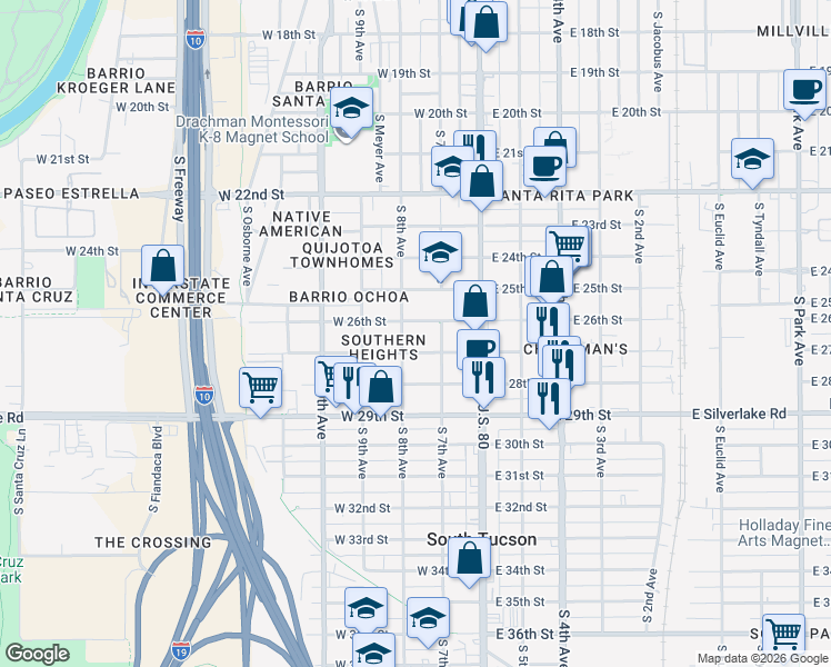 map of restaurants, bars, coffee shops, grocery stores, and more near 1629 South 8th Avenue in Tucson