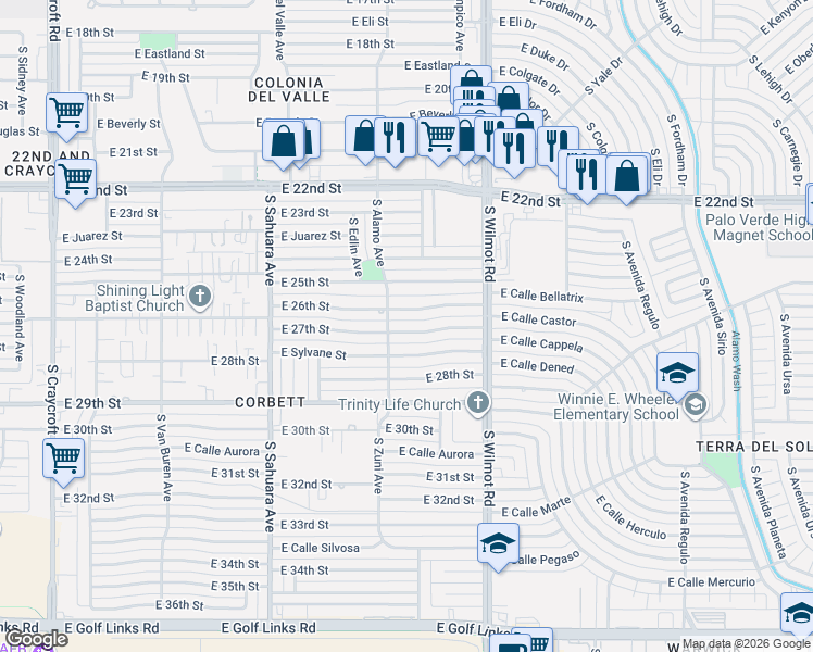 map of restaurants, bars, coffee shops, grocery stores, and more near 6131 East 27th Street in Tucson