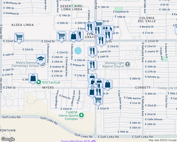 map of restaurants, bars, coffee shops, grocery stores, and more near 1605 South Woodland Avenue in Tucson