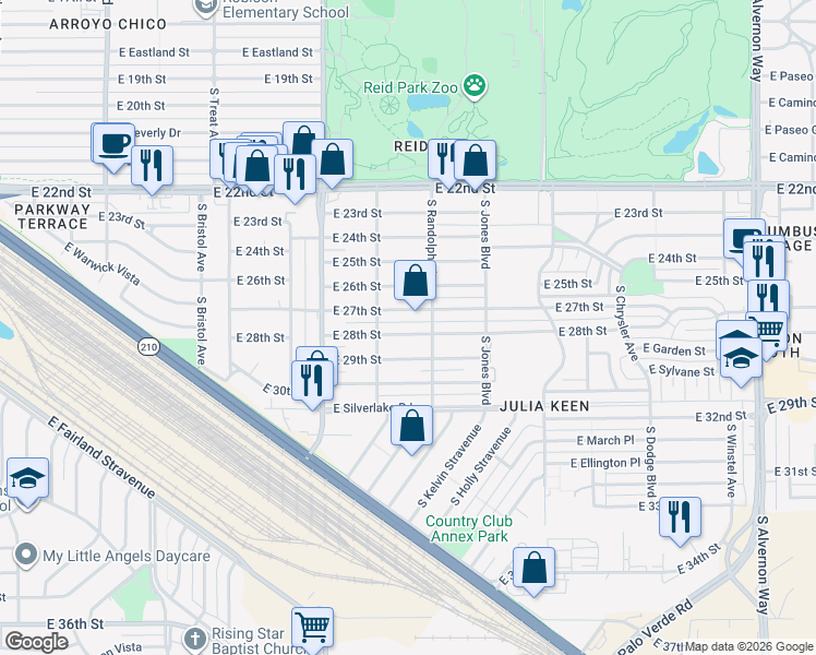 map of restaurants, bars, coffee shops, grocery stores, and more near 3234 East 28th Street in Tucson