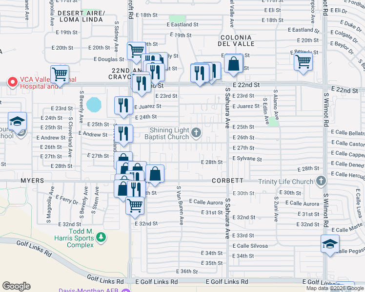map of restaurants, bars, coffee shops, grocery stores, and more near 1616 South Van Buren Avenue in Tucson