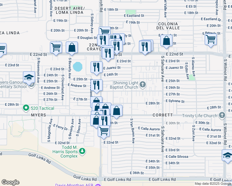 map of restaurants, bars, coffee shops, grocery stores, and more near 5626 East 26th Street in Tucson