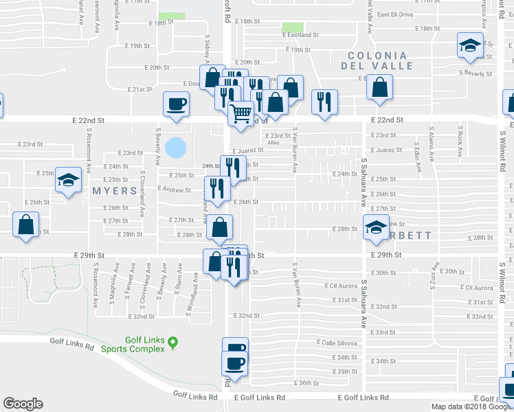 map of restaurants, bars, coffee shops, grocery stores, and more near 5626 East 26th Street in Tucson