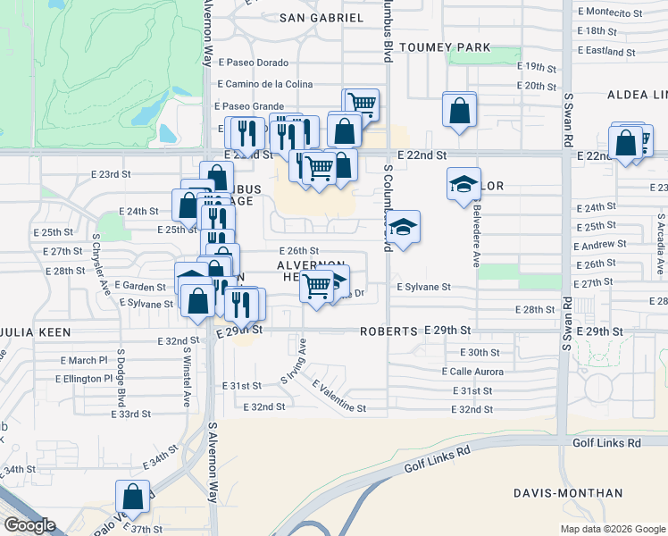 map of restaurants, bars, coffee shops, grocery stores, and more near 4114 East 27th Street in Tucson