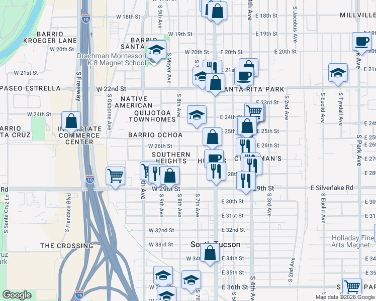 map of restaurants, bars, coffee shops, grocery stores, and more near 1629 South 8th Avenue in Tucson