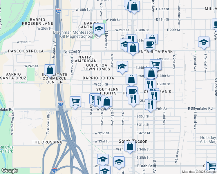 map of restaurants, bars, coffee shops, grocery stores, and more near 1607-1699 South 8th Avenue in Tucson