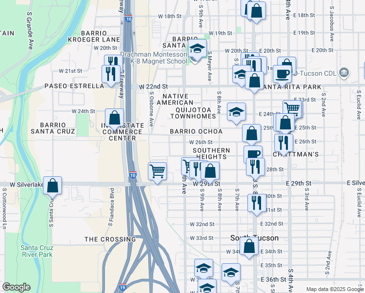 map of restaurants, bars, coffee shops, grocery stores, and more near 1631 South 10th Avenue in Tucson