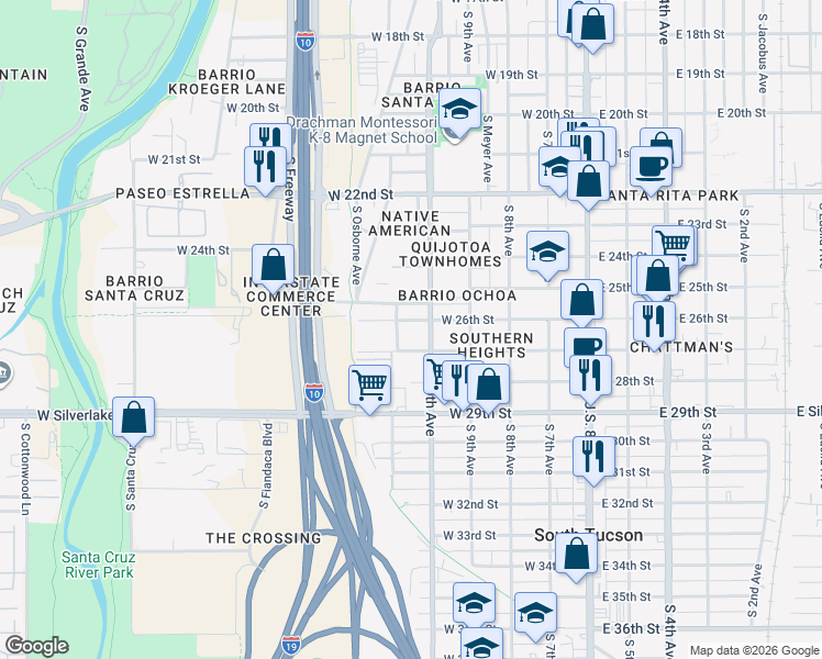 map of restaurants, bars, coffee shops, grocery stores, and more near 500 West 27th Street in Tucson