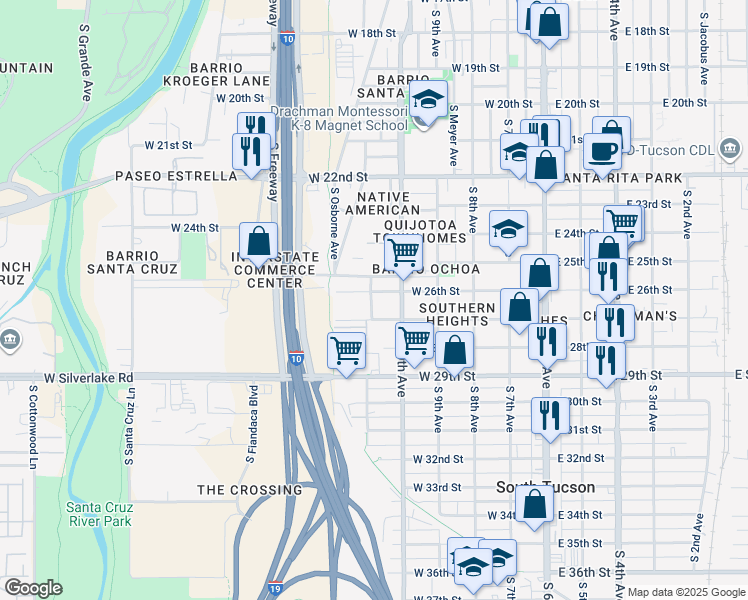 map of restaurants, bars, coffee shops, grocery stores, and more near 500 West 27th Street in Tucson