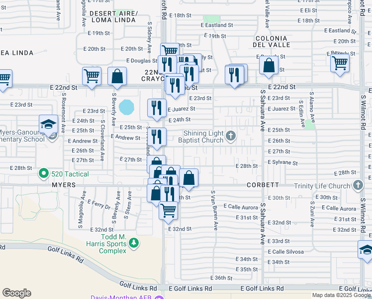 map of restaurants, bars, coffee shops, grocery stores, and more near 5602 East 26th Street in Tucson