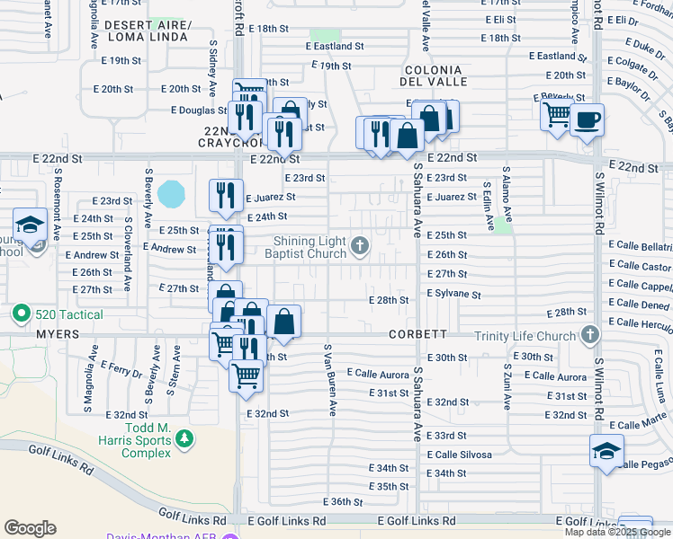 map of restaurants, bars, coffee shops, grocery stores, and more near 1616 South Van Buren Avenue in Tucson