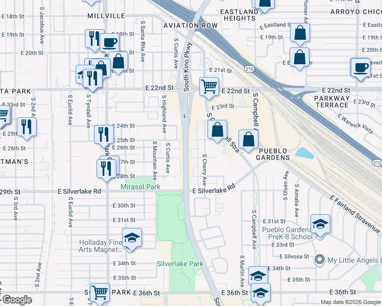 map of restaurants, bars, coffee shops, grocery stores, and more near 1507 East 27th Street in Tucson