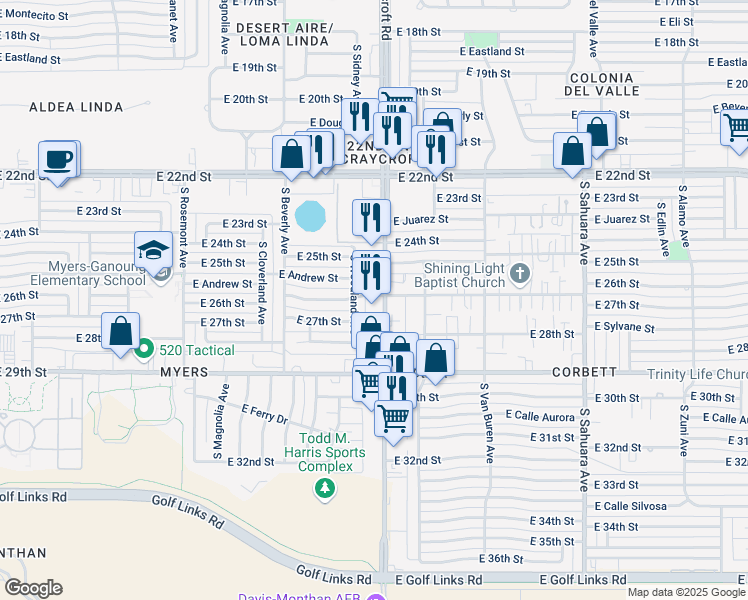 map of restaurants, bars, coffee shops, grocery stores, and more near in Tucson