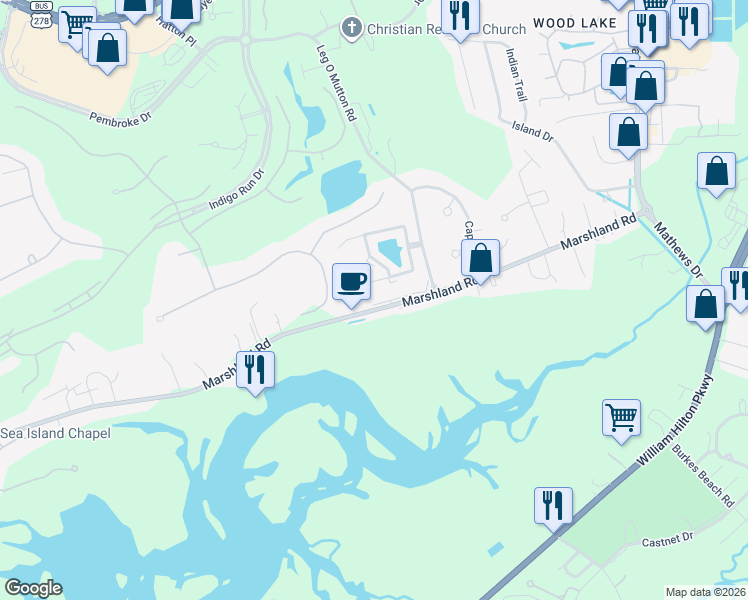 map of restaurants, bars, coffee shops, grocery stores, and more near 61 Marshland Road in Hilton Head Island
