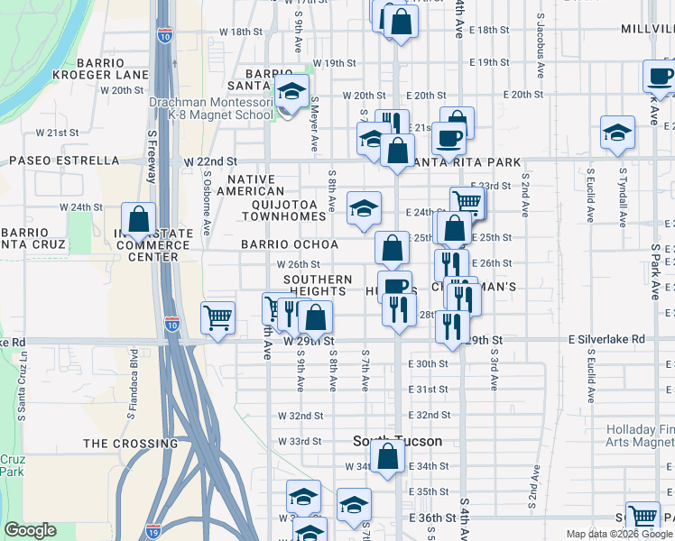 map of restaurants, bars, coffee shops, grocery stores, and more near 1607 South 8th Avenue in Tucson