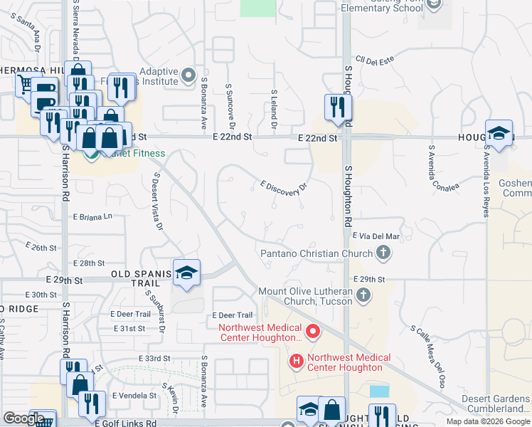 map of restaurants, bars, coffee shops, grocery stores, and more near 1630 South Andorra Place in Tucson