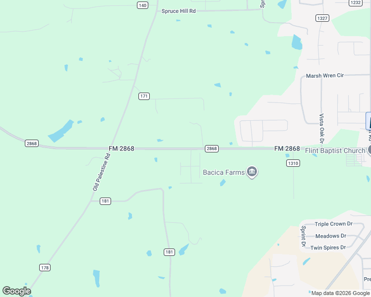 map of restaurants, bars, coffee shops, grocery stores, and more near 12143 FM 2868 in Flint