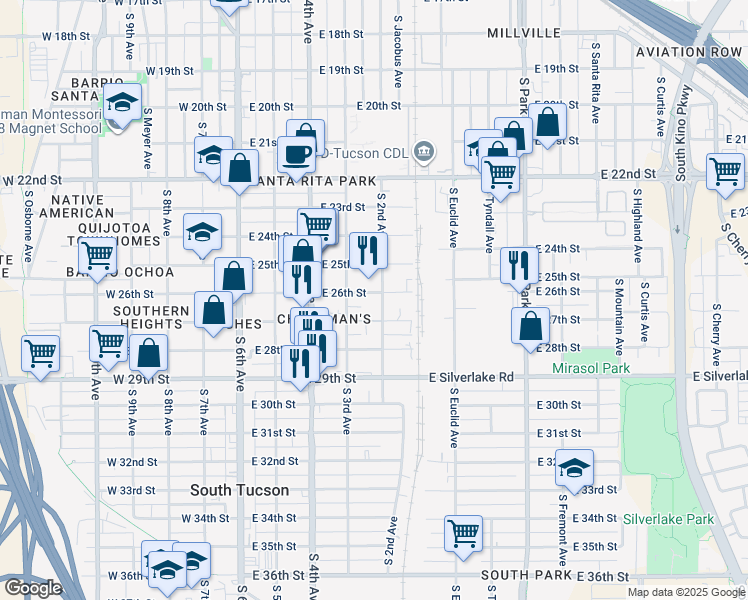 map of restaurants, bars, coffee shops, grocery stores, and more near 440 East 26th Street in Tucson