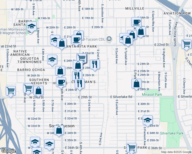 map of restaurants, bars, coffee shops, grocery stores, and more near 440 East 26th Street in Tucson