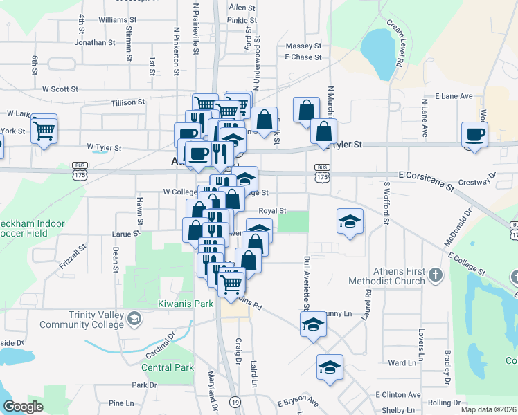 map of restaurants, bars, coffee shops, grocery stores, and more near 310 Royal Street in Athens