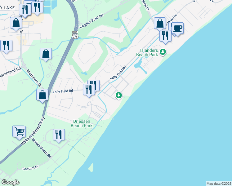 map of restaurants, bars, coffee shops, grocery stores, and more near 3 Sand Dollar Road in Saint Helena Island