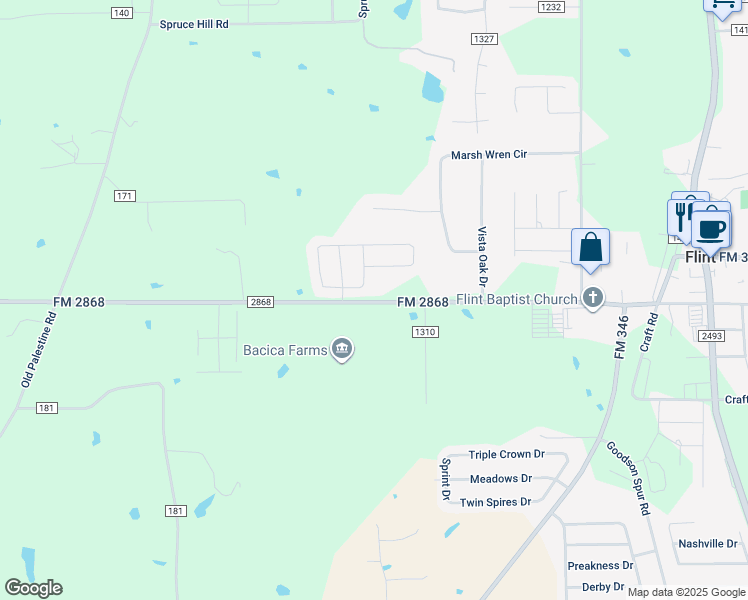 map of restaurants, bars, coffee shops, grocery stores, and more near 11654 FM 2868 in Flint