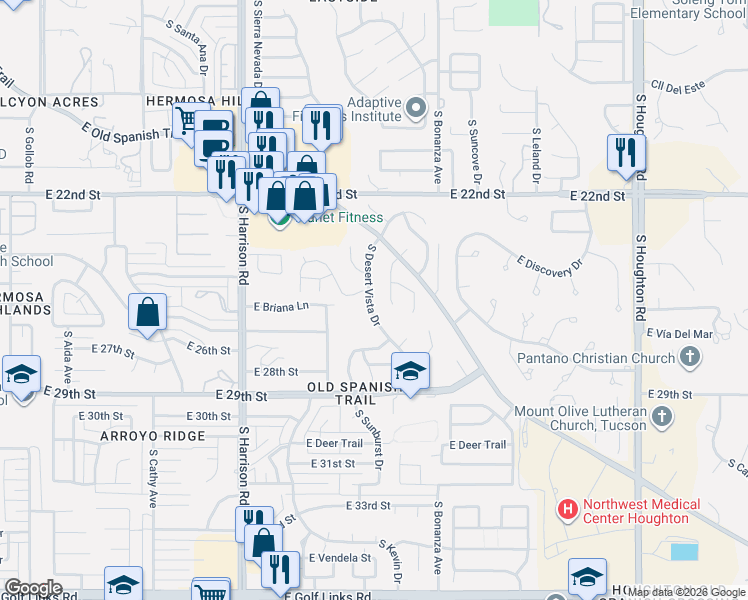 map of restaurants, bars, coffee shops, grocery stores, and more near 1541 South Desert Vista Drive in Tucson