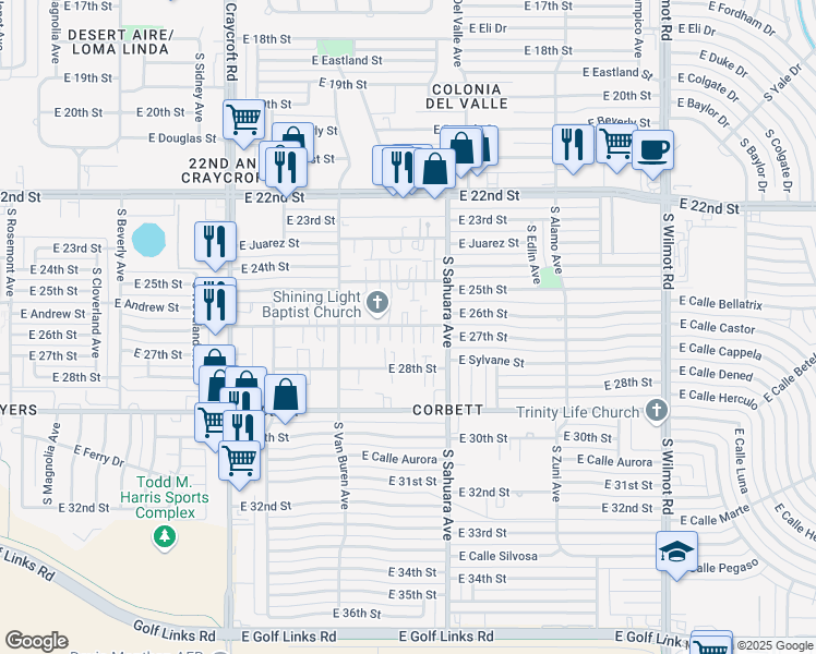 map of restaurants, bars, coffee shops, grocery stores, and more near 5820 East 26th Street in Tucson